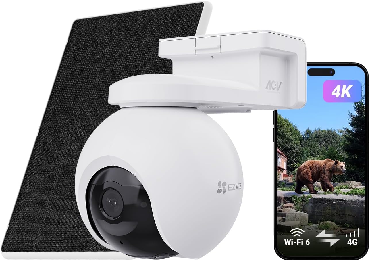 EZVIZ EB8 Pro 4G 8MP Kit — Caméra 4K solaire sans fil 360° PTZ, connexion 4G/LTE + WiFi, détection