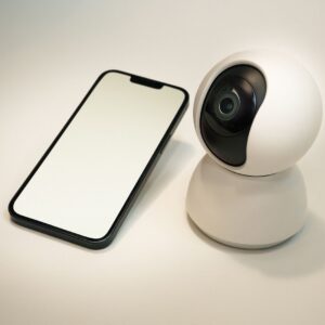 Caméra de sécurité intelligente Foscam X5 blanche posée à côté d'un smartphone, vue rapprochée